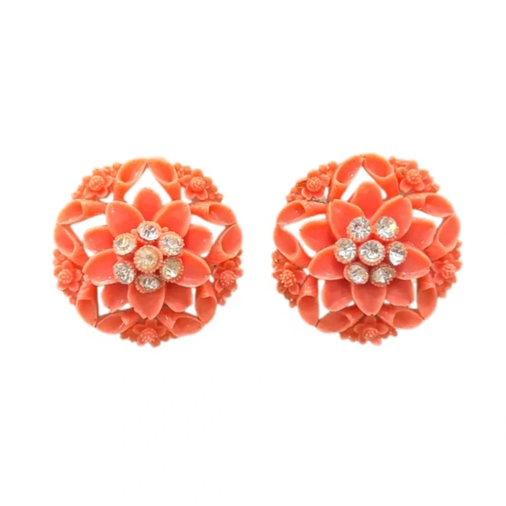 Vintage Earrings Clip On Coral Celluloid Flower Victorian MCM Vintage Jewelry